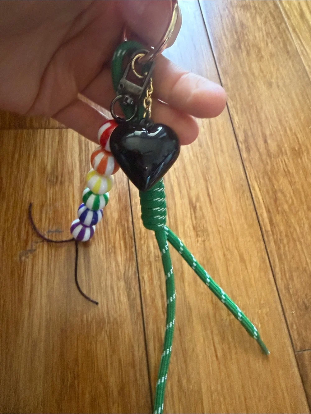 Heart Charm & Beaded Rainbow Keychain - Green